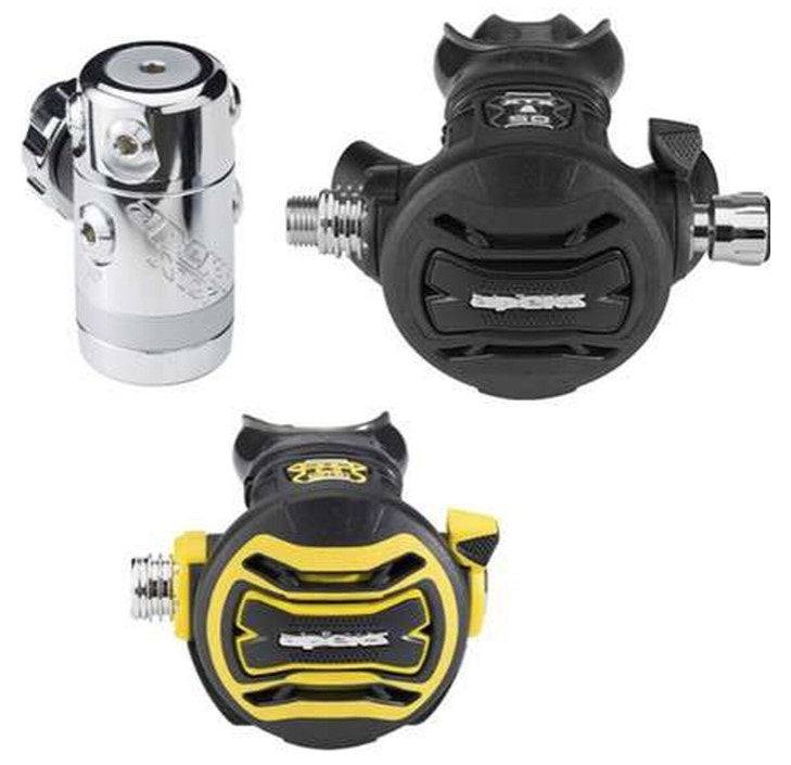 Set Erogatori Apeks XTX50+ATX40 octopus regulator with black and yellow second stages and extraflex hoses