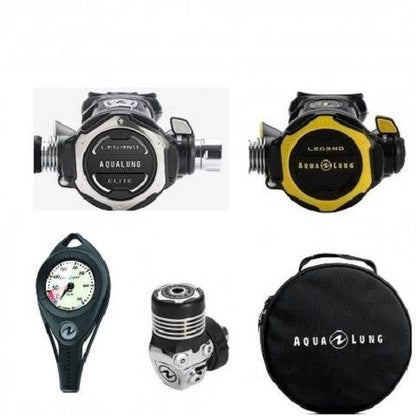 Aqualung Legend Elite diving set with DIN regulator, octopus, mask, and carrying bag